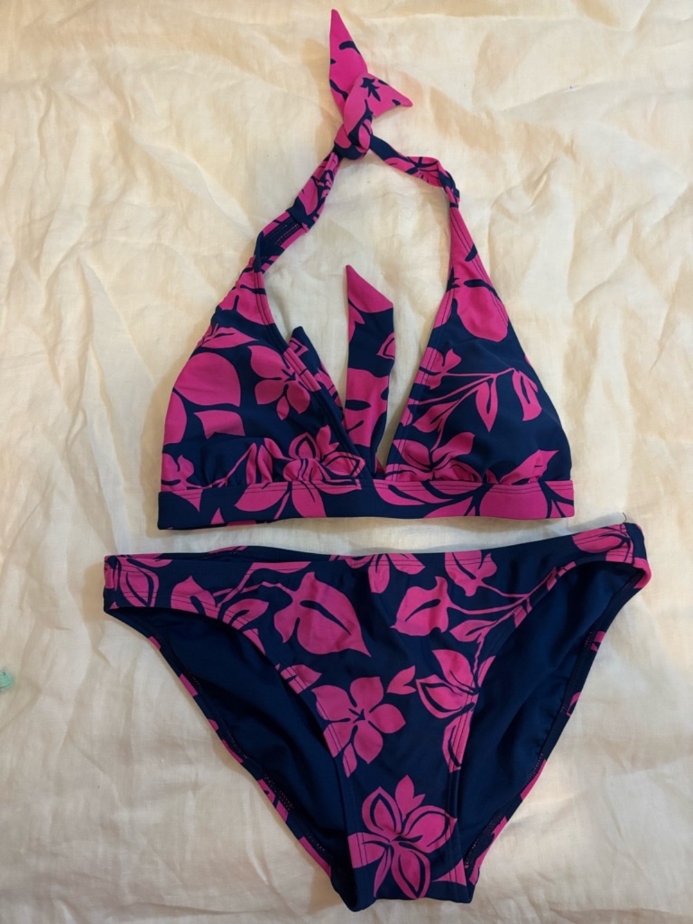 XHILARATION Navy Pink Floral Tropical Halter Bikini Swimsuit Set S/L